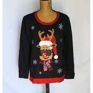 Holiday Time Ugly Christmas Sweater Women's Size XL Blk Red Reindeer Sunglasses